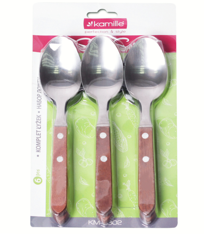 Набір столових ложок 6 штук Kamille із нержавіючої сталі з дерев'яними ручками, фото 1
