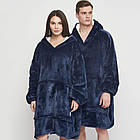 Оверсайз плед-халат з капюшоном Huggle Hoodie 100х80 см, синій, м'яка домашня толстовка з рукавами, фото 3