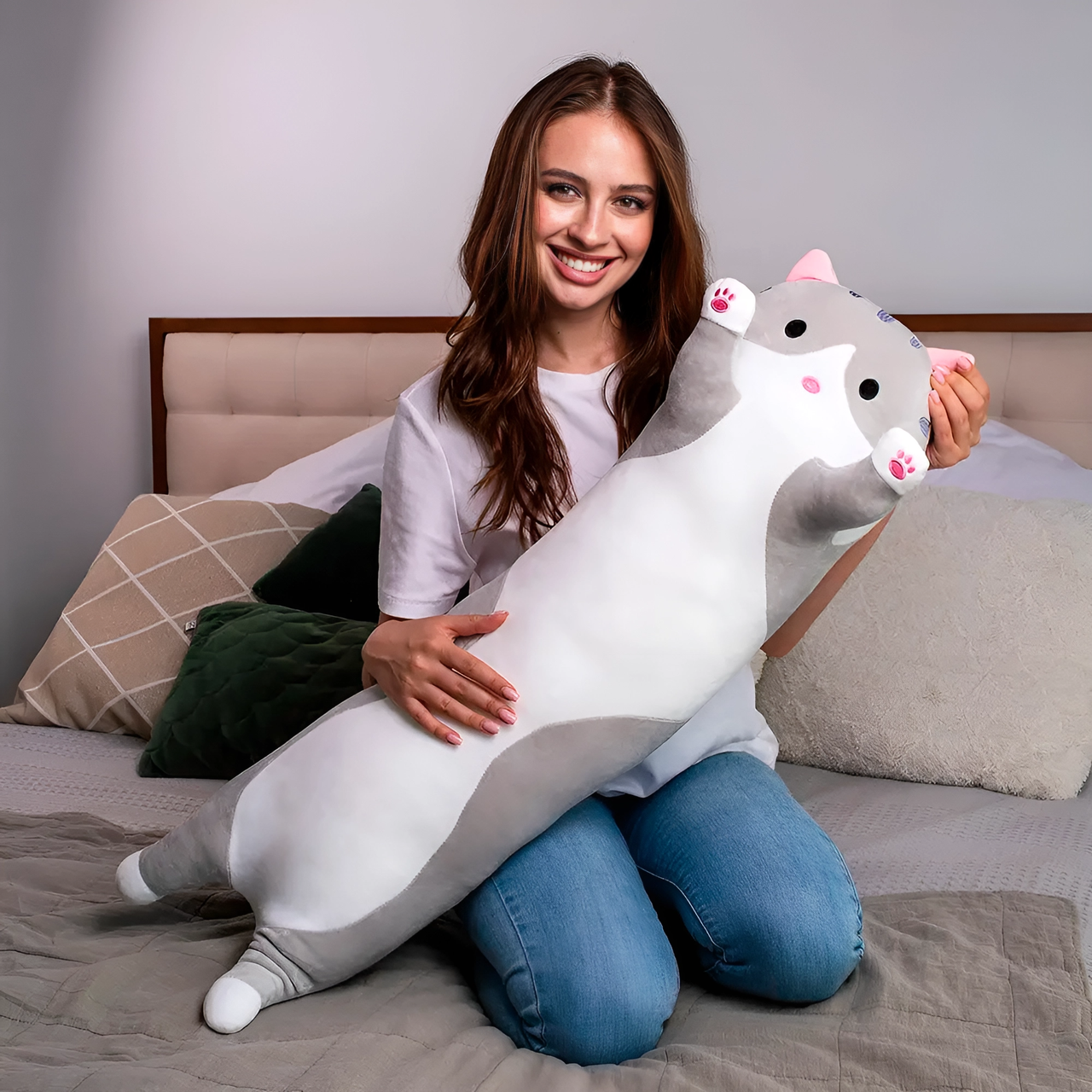 М'яка іграшка-подушка Кіт Батон 90 см EL-2117-7 сірий, довгий кіт обіймашка для дітей і дорослих, фото 1