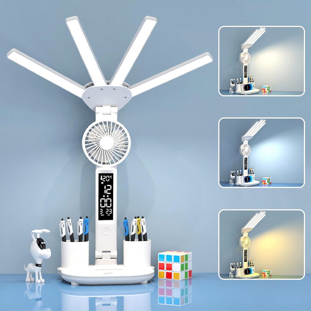 Лампа-вентилятор настільна 3в1 з акумулятором 3200 мА·год і USB-дисплеєм багатофункціональний LED-органайзер, фото 1