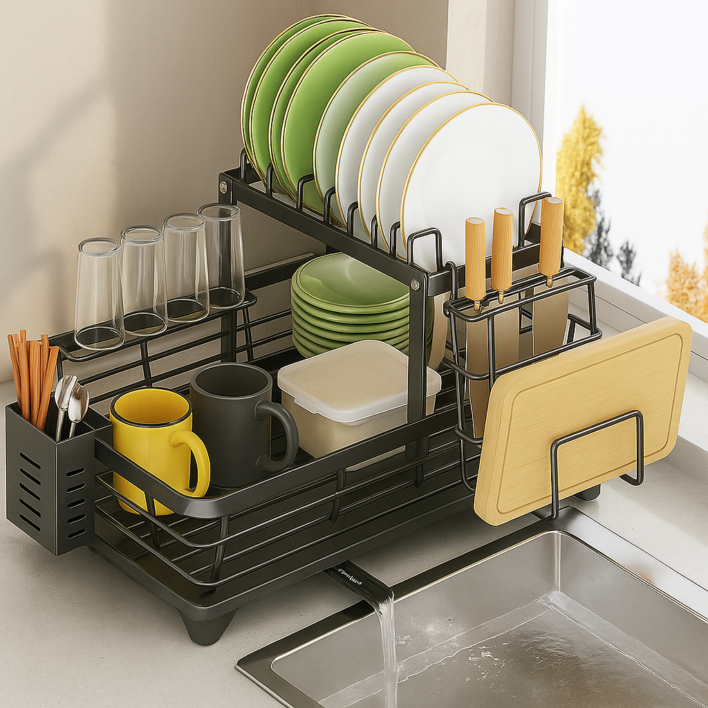 Органайзер-сушарка для посуду 2-рівневий 102-30 металева настільна з піддоном і тримачами, фото 1