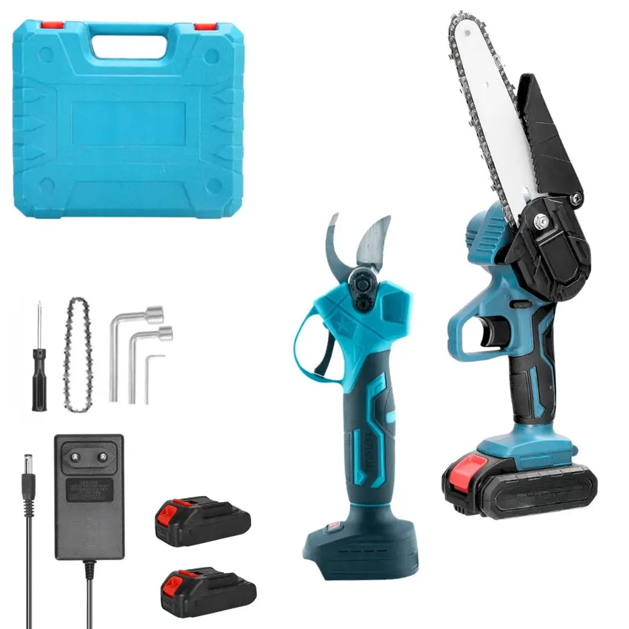 Акумуляторна ланцюгова пилка + секатор 21V з двома акумуляторами для обрізання гілок і садових робіт, фото 1