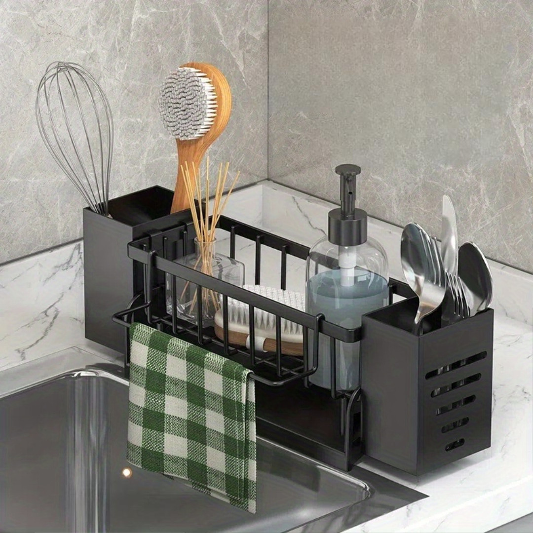 Органайзер-сушарка для посуду LY-951 30х15х10 см чорний, компактна модель із піддоном для раковини, фото 1