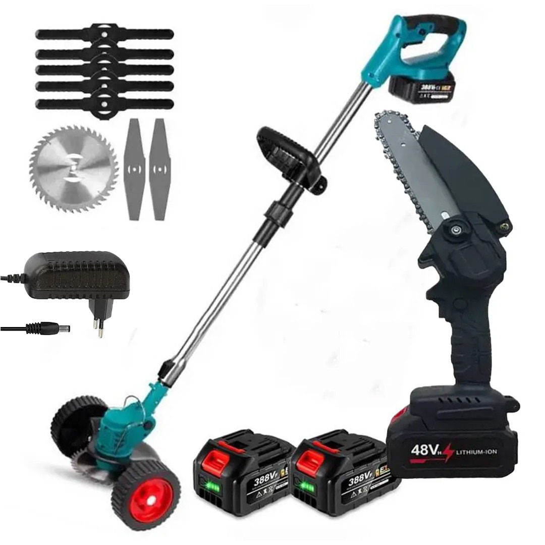 Акумуляторний садовий набір 2 в 1 2 АКБ 48 V універсальний тример і мініпила для дачі та городу, фото 1