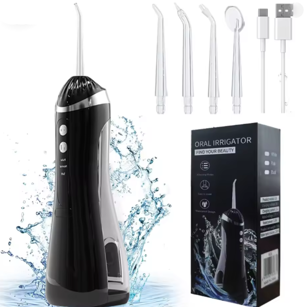 Іригатор для порожнини рота 150 мл, чорний, портативний прилад з USB зарядкою і 4 насадками для догляду за зубами, фото 1