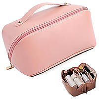 Косметичка с полным доступом из экокожи 23,5х13х13 см розовая, удобный органайзер для хранения косметики