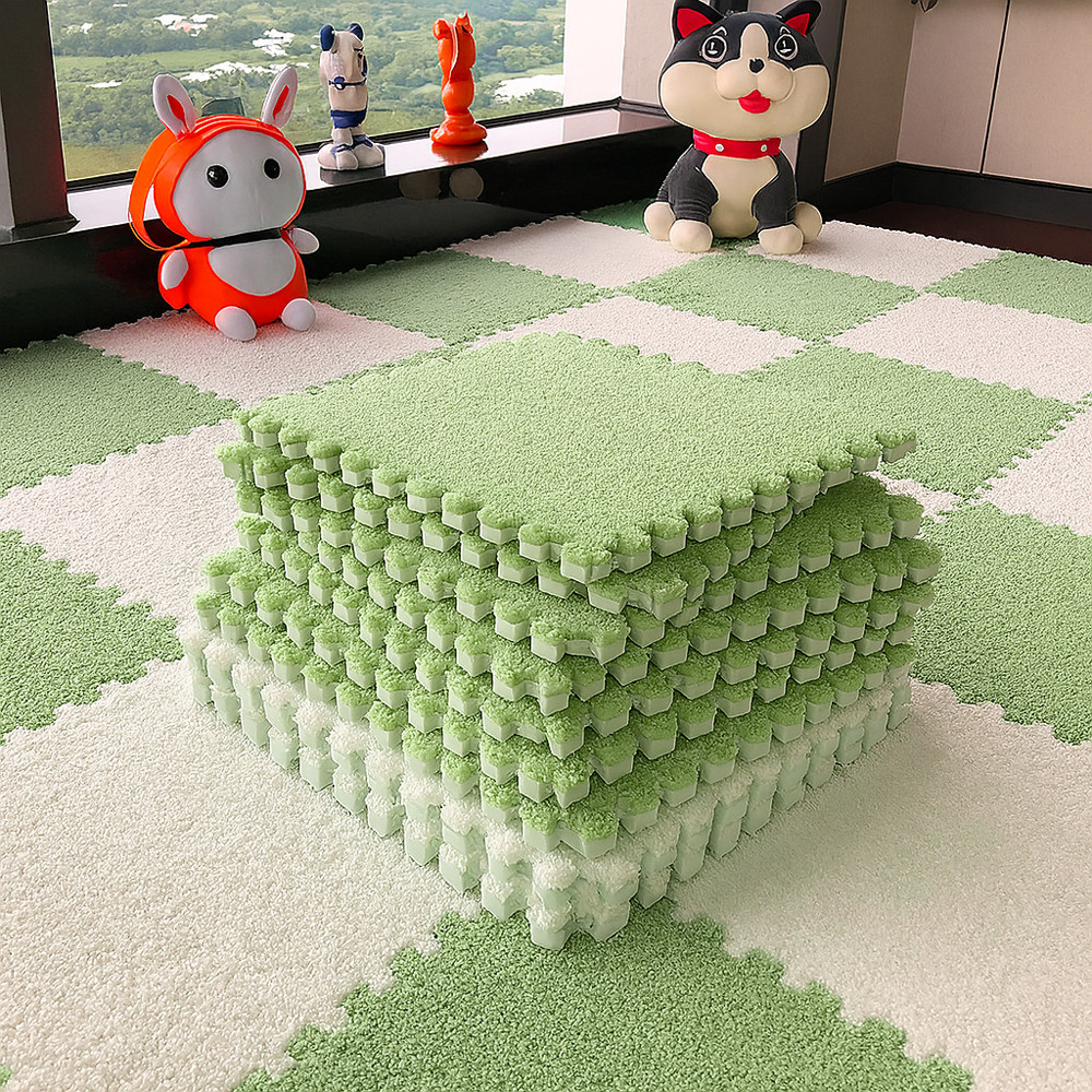 Килим пазл із ворсом 20 шт 30×30 см зелений із білим м'яким покриттям для ігрової дитячої кімнати, фото 1