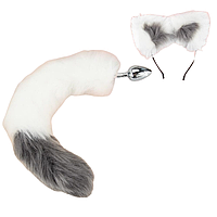 Анальна металева пробка Love Toy з лисим хвостом та обідком-вушками