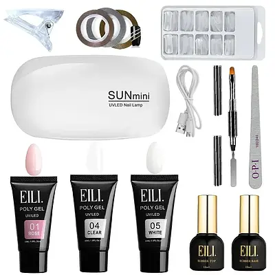 Стартовий набір для нарощування нігтів полігелем - набір з лампою USB, полігелі 30мл, база, топ та матеріали