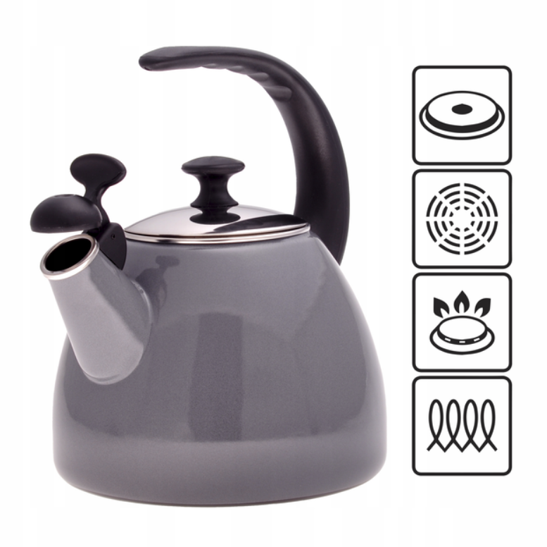Чайник 2,5 л свистячий емальований Kamille з чорною ручкою бакелітової сірий, фото 1