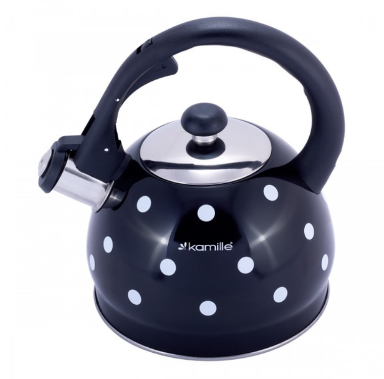 Чайник 2 л Kamille із нержавіючої сталі зі свистком та нейлоновою ручкою білий горошок, фото 1