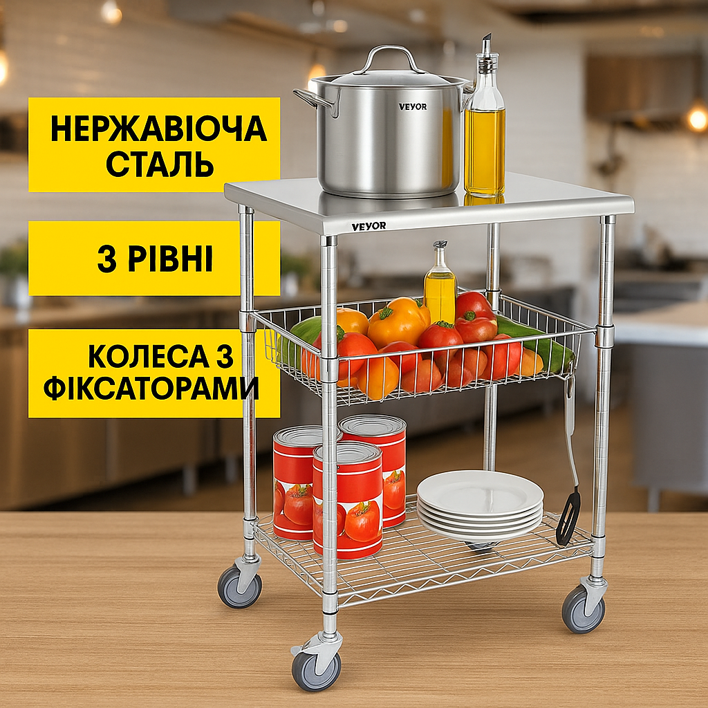Кухонний візок з трьома полицями та колесами VEVOR