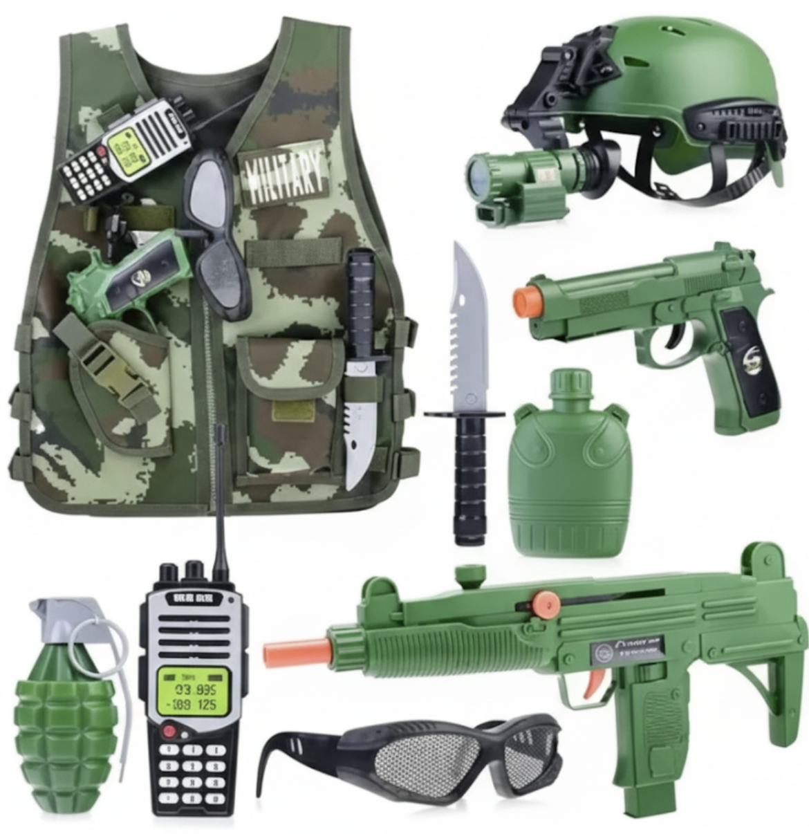 Війсковий набір D 012А жилет, автомат, пістолет, граната, каска, ніж, окуляри, рація, у пакеті, фото 1