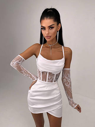 Вечірній атласний жіночий костюм корсет і перчатки з мереживом і міні спідниця Kb1873, фото 1