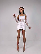 Вечірній атласний жіночий костюм корсет і перчатки з мереживом і міні спідниця Kb1873, фото 2