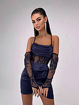 Вечірній атласний жіночий костюм корсет і перчатки з мереживом і міні спідниця Kb1873, фото 3