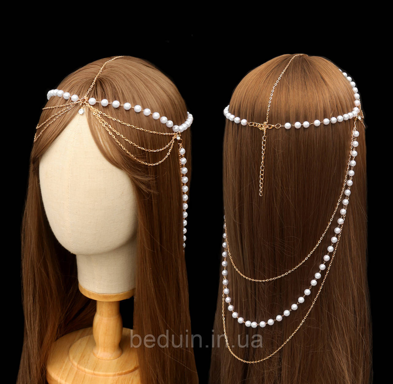 Вишукана прикраса на волосся, тіара "Silviya Pearl" з перлинними ланцюжками — Aushal Jewellery