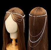 Вишукана прикраса на волосся, тіара "Silviya Pearl" з перлинними ланцюжками — Aushal Jewellery