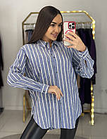 Сорочка жіноча льон полоска на гудзиках довгий рукав L блакитна