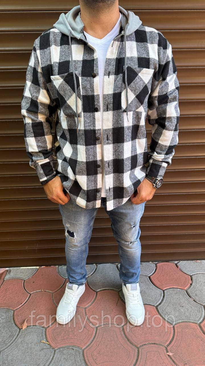 Тепла сорочка з капюшоном чоловіча байкова картата молодіжна вільна на ґудзиках, фото 1