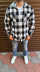 Тепла сорочка з капюшоном чоловіча байкова картата молодіжна вільна на ґудзиках