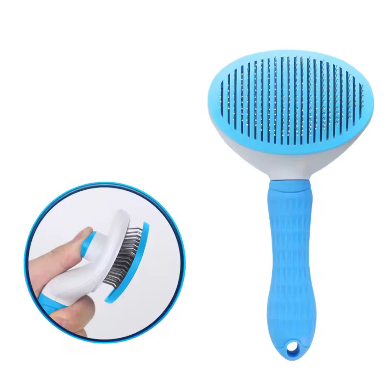 Щітка - пуходерка для вичісування котів та собак з кнопкою самоочищення - блакитна, фото 1