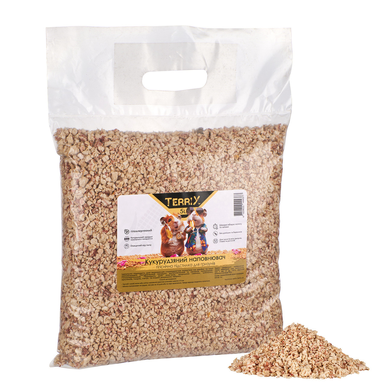 Кукурудзяний наповнювач, гігієнічна підстилка для гризунів, папуг, рептилій TerriX 2х5л 10л, фото 1