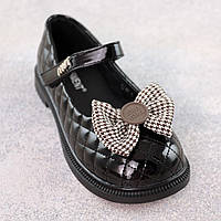 Дитячі туфлі з екошкіри в чорному кольорі для дівчаток у школу спереду з бантиком