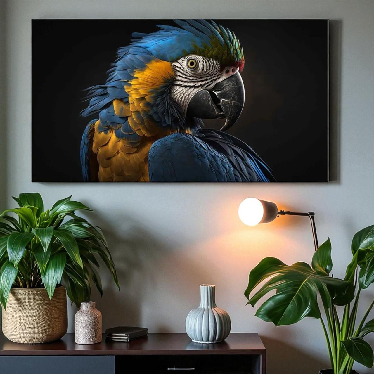 Стильна картина Папуга на темному чорному фоні Настінний декор у сучасному інтер'єрі 60х33см, фото 1