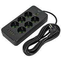 Мережевий фільтр-подовжувач 5 м, 6 розеток + 5 USB QC/PD, 250В 10А