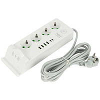Мережевий фільтр-подовжувач 3 м, 4 розетки, 6 USB, Qi з бездротовою зарядкою, 250 В 10 А