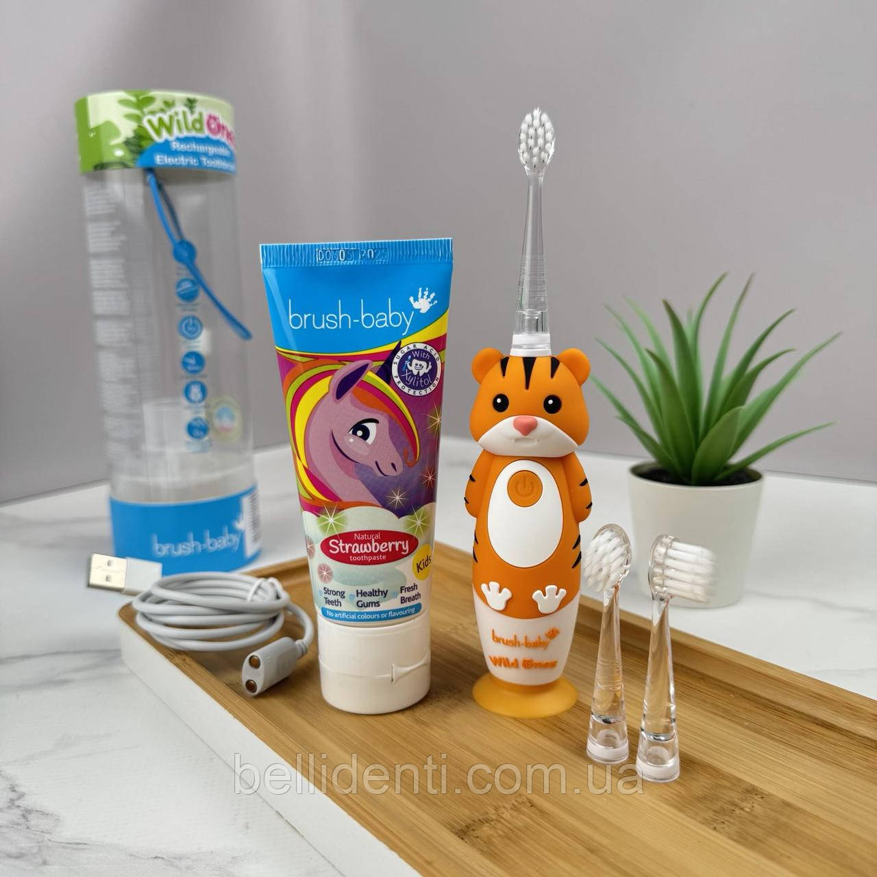 Набір від 3 до 10 років (щітка Brush Baby WildOnes Sonic, тигреня і паста Brush-Baby 50 мл, єдиноріжка), фото 1