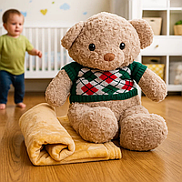 Іграшка-подушка 3 в 1 м’який Ведмідь з пледом, іграшка з пледом всередині Бежевий 110×150 см