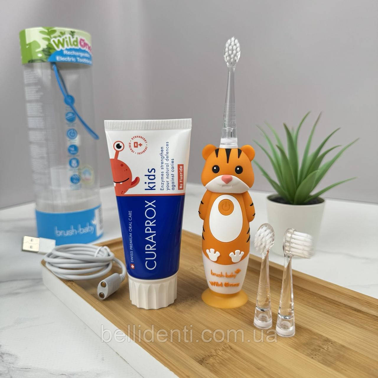 Набір Brush-Baby WildOnes Sonic Curaprox від 0 до 2 років (щітка тигреня Toby + паста 60 мл без фтору), фото 1