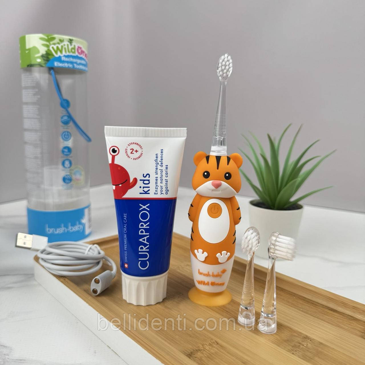 Набір Brush-Baby WildOnes Sonic Curaprox від 2 до 6 років (щітка тигреня Toby + паста 60 мл з фтором), фото 1