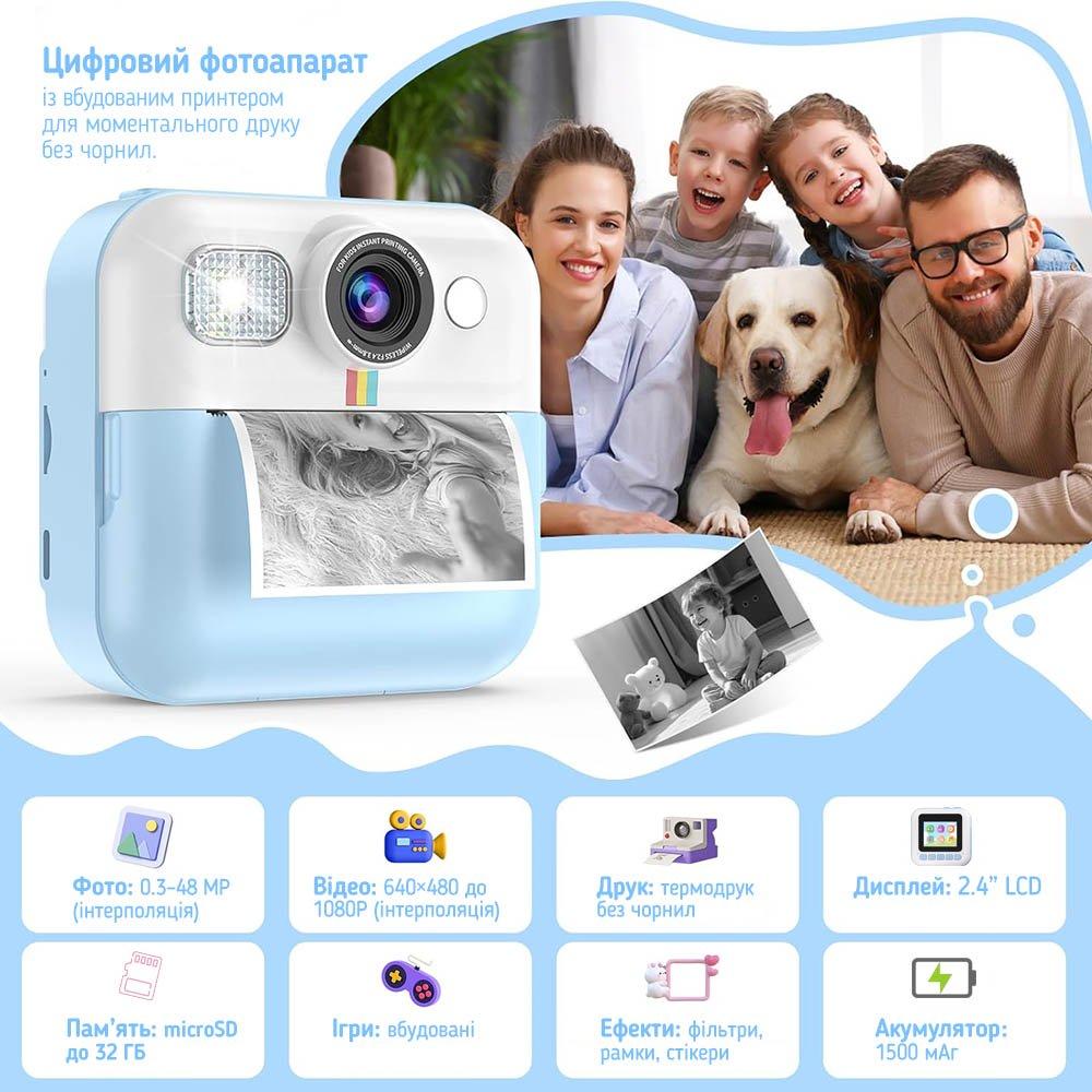 Дитячий фотоапарат ColorWay з функцією миттєвого друку Blue (CW-PHP01B) DS, фото 1