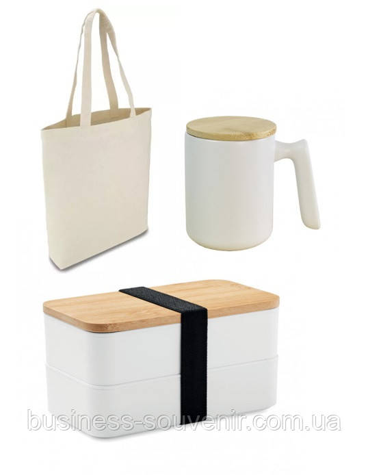 Корпоративний подарунковий набір в еко-стилі (ланч-бокс, чашка, шопер)