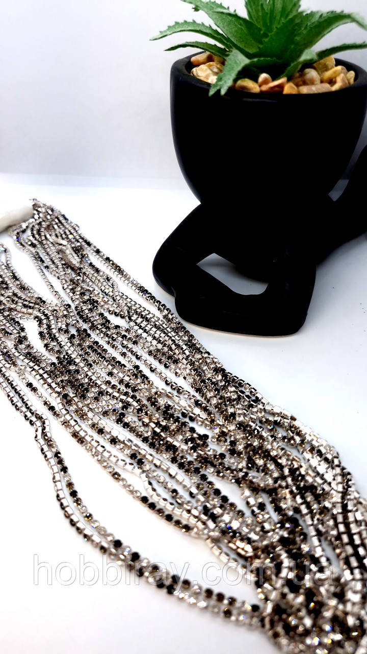 Стразовий ланцюжок. 2.3мм Довжина 1м. Колір чорний, прозорий, графіт мікс., фото 1