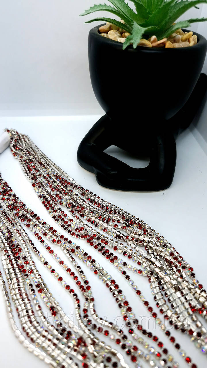Стразовий ланцюжок без відстані. Метал, скло. Розмір 2.3 мм. 1 м. Колір червоний, хамелеон микс., фото 1