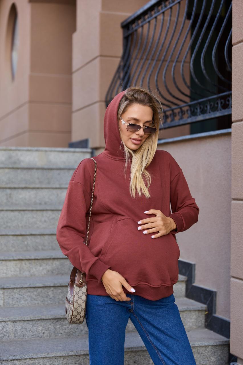 Худі для вагітних, годуючих світшот для майбутніх мам тринитка без начісу Chelm S-M (42-44) Lullababe шоколад, фото 1