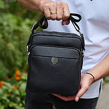 Чоловіча шкіряна сумка-барсетка 24х20х8, компактна сумочка на плече для чоловіка, наплічний месенджер, чорна, фото 2