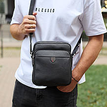 Чоловіча шкіряна сумка-барсетка 24х20х8, компактна сумочка на плече для чоловіка, наплічний месенджер, чорна, фото 3