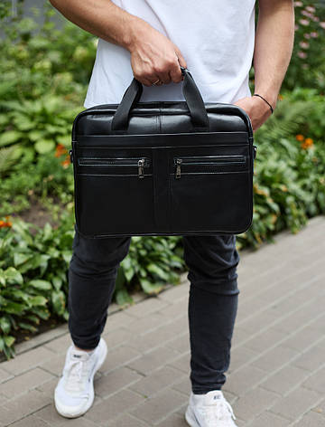 Чоловічий портфель для ноутбука 38х28х8, офісна шкіряна сумочка, міська чоловіча ділова сумка, чорна, фото 1