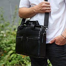 Чоловічий портфель для ноутбука 38х28х8, офісна шкіряна сумочка, міська чоловіча ділова сумка, чорна, фото 3