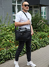 Чоловічий портфель для ноутбука 38х28х8, офісна шкіряна сумочка, міська чоловіча ділова сумка, чорна, фото 4