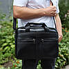Чоловічий портфель для ноутбука 38х28х8, офісна шкіряна сумочка, міська чоловіча ділова сумка, чорна, фото 6