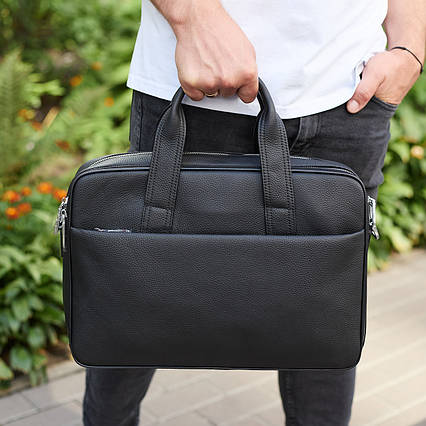 Чоловічий портфель на плече 40х28х10, офісний шкіряний месенджер, чоловіча ділова сумка для міста, чорний, фото 1