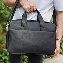 Чоловічий портфель на плече 40х28х10, офісний шкіряний месенджер, чоловіча ділова сумка для міста, чорний, фото 2
