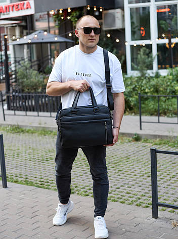 Офісна чоловіча сумка через плече 39х29х10, шкіряний портфель-месенджер для бізнесу, чорний, фото 1