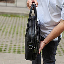 Офісна чоловіча сумка через плече 39х29х10, шкіряний портфель-месенджер для бізнесу, чорний, фото 3